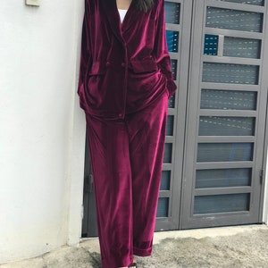 May include: A burgundy velvet blazer and matching pants. The blazer has a double-breasted closure and a notched collar. The pants have a wide leg.