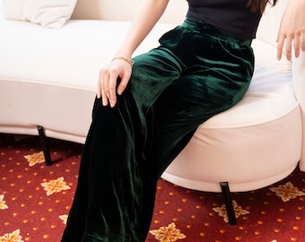 Silk Velvet Pants Women High Waist - Wide Leg Pants - Elastic Waist And Pockets