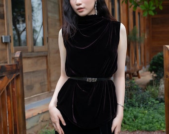 Silk Velvet High Neck Tops Women - Sleeveless Tops - Gathered Shoulder Tops