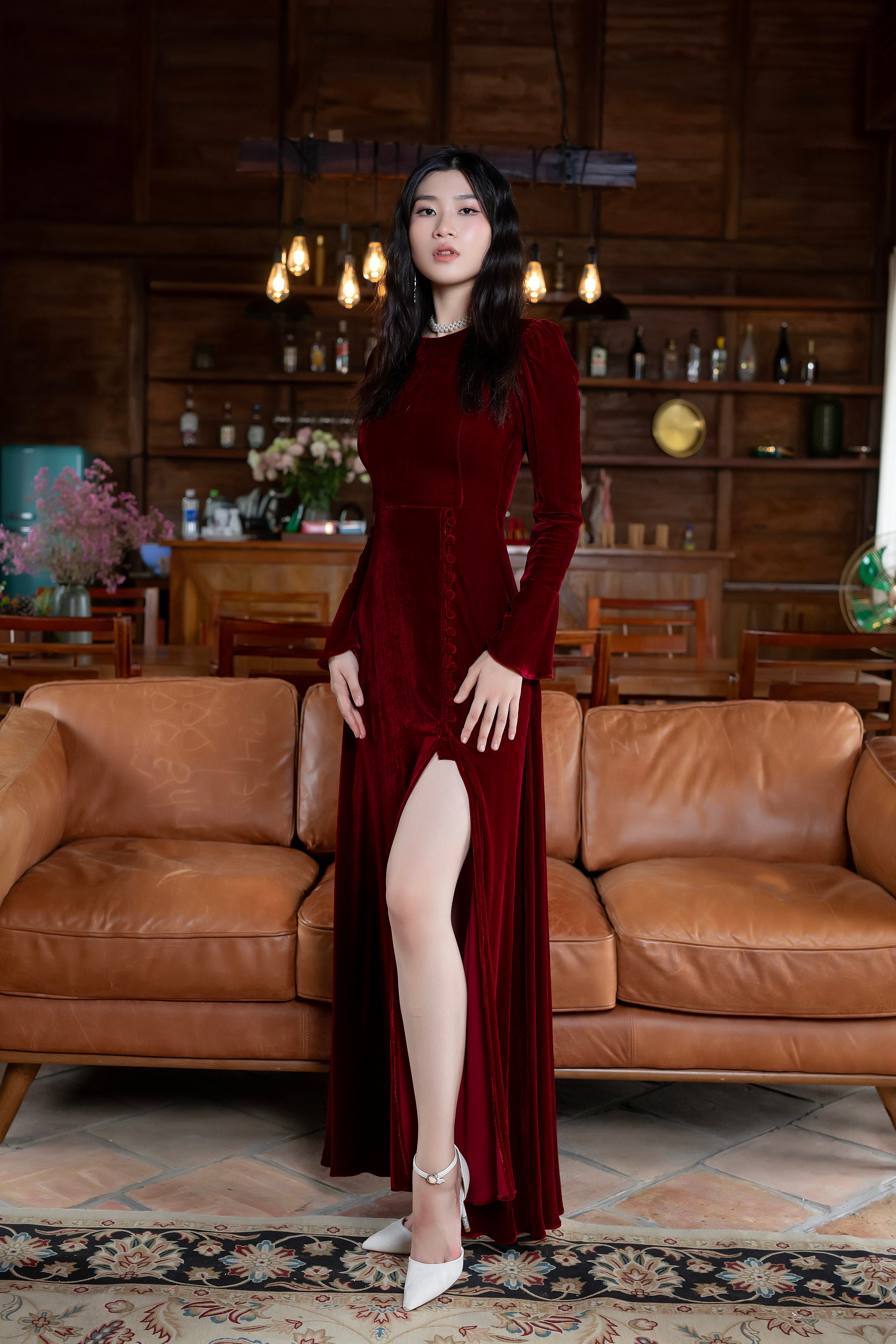 Silk Velvet Dress , Luxurious Silk Velvet Dress With Sleeves