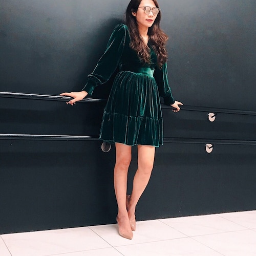 long sleeve velvet midi dress Silk - Dress - Silk Velvet V Neck Dress plush velvet fabric that drapes beautifully Emerald Green Velvet Ruched Long