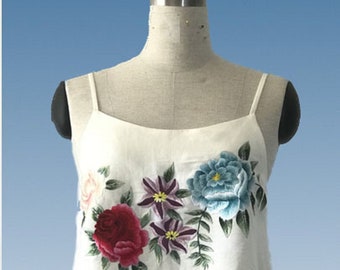 Hand embroidery linen tank top, Orange linen tank top, White linen tank top