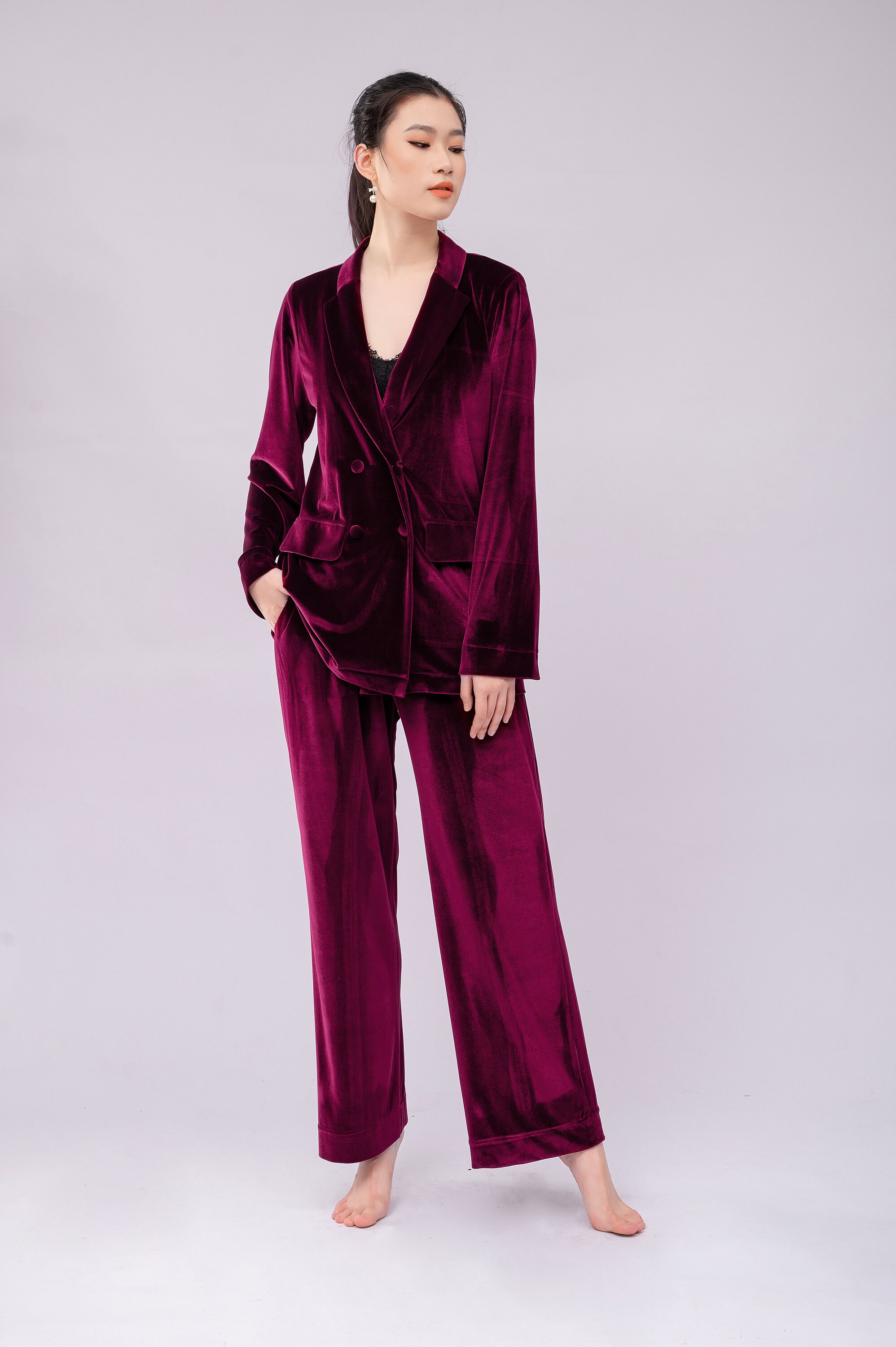 Velvet Pajamas, Women Pink Purple Velvet, Winter Women Pyjama Set