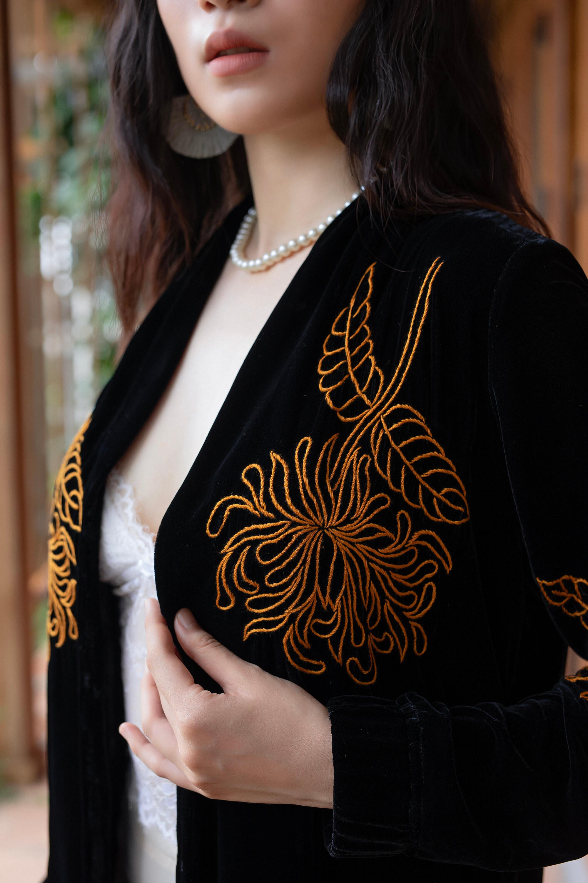 Long Silk Velvet Duster With Hand Embroidery – Side Pockets – Side