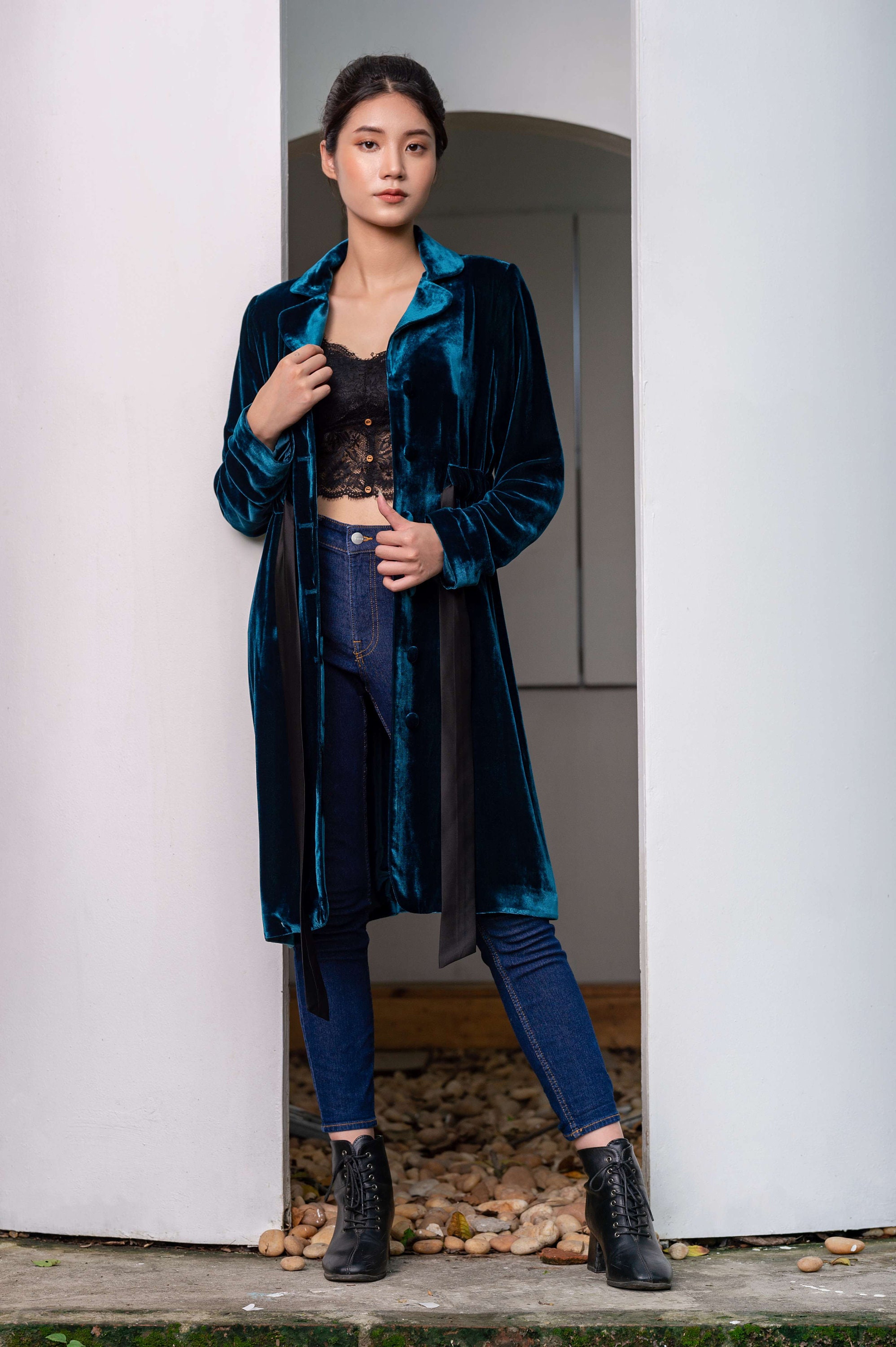 Sasquatchfabrix.　VELVET COAT　ネイビー Silk Velvet Trench Coat – Velvet Duster Coat -women Cardigan