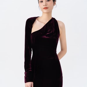 Ready to ship Mulberry Silk Velvet Long Open Dress , Pure Silk Velvet Backless Dress, Velvet One Shoulder Dress, Asymmetrical One Sleeve image 2