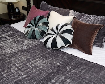 Silk velvet quilts, handmade quilts, Grey, Duvet Throw Blanket Coverlet Bedspread, Handmade in Vietnam