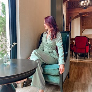 Women Silk Blazer and Pants Set - Two Piece Set Silk - Silk Jacket - Women Suit - Relex Fit Jacket - Wide Leg High Waist Pants