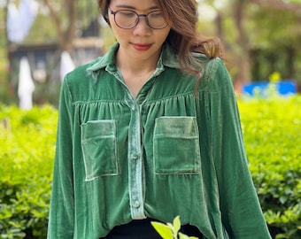 Silk Velvet Shirt Women - Green Sleeve Shirt - Silk Velvet  Shirt Women - Velvet Women Top