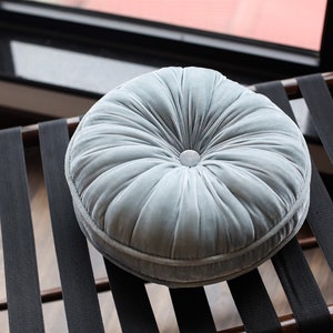 Slate blue luxury velvet round pillow, silk velvet round pillow, decorative throw pillow cushion, handmade pillow, handmade in Vietnam image 1