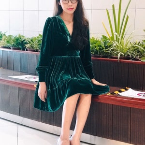 Silk Velvet Midi Dress - Long Sleeve Dress - Silk Velvet V Neck Dress - Velvet Dress Women