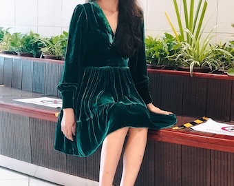 Silk Velvet Midi Dress - Long Sleeve Dress - Silk Velvet V Neck Dress - Velvet Dress Women