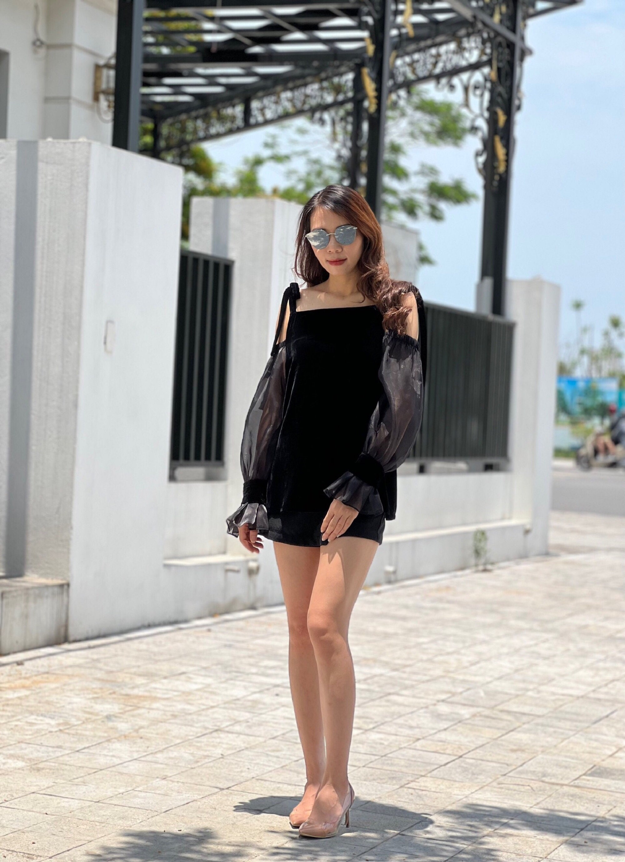 Silk Velvet Top With Tie up String- Black Top - Organza Sleeve Top