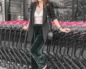 Silk Velvet Pants Women High Waist - Adjustable button-  Wide Leg Pants