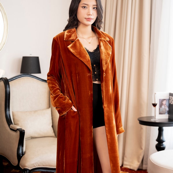 Long Mulberry Silk Velvet Duster, Long Cardigan Coat with Pockets, Velvet Duster Coat, Women Velvet Coat Long Sleeve Duster With Silk Lining