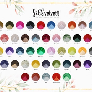 May include: A color chart of 40 different silk velvet fabric swatches. The swatches are arranged in four rows of ten. Each swatch is labeled with its color name. The colors include antique gold, army green, berry, block, blood red, blue, blue pink, brick, brown, celeste blue, coral, cream white, dark brown, dark grey, deep red, dusty pink, fern, forest green, fuchsia, golden yellow, indigo, jeans, juniper, kelly green, lavender, lichen, lime green, medallion, medium grey, midnight blue, mink, mint, mustard, navy, pear green, petrol blue, plum, purple, red, salmon, slate, strong orange, and teal.