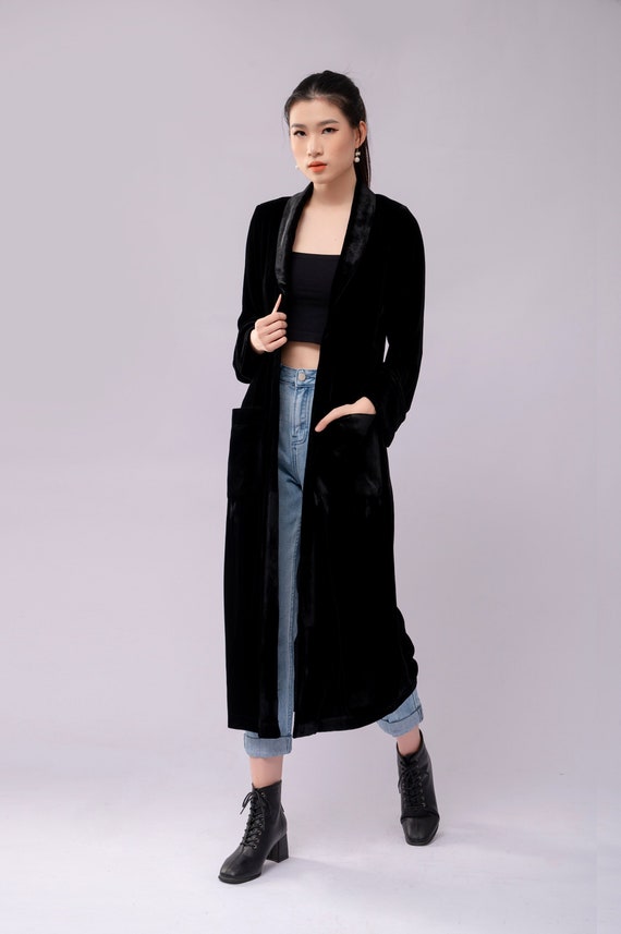 Long Mulberry Silk Velvet Duster, Black Long Cardigan Coat With Pockets, Velvet  Duster Coat, Women Velvet Coat Long Sleeve Duster -  Canada