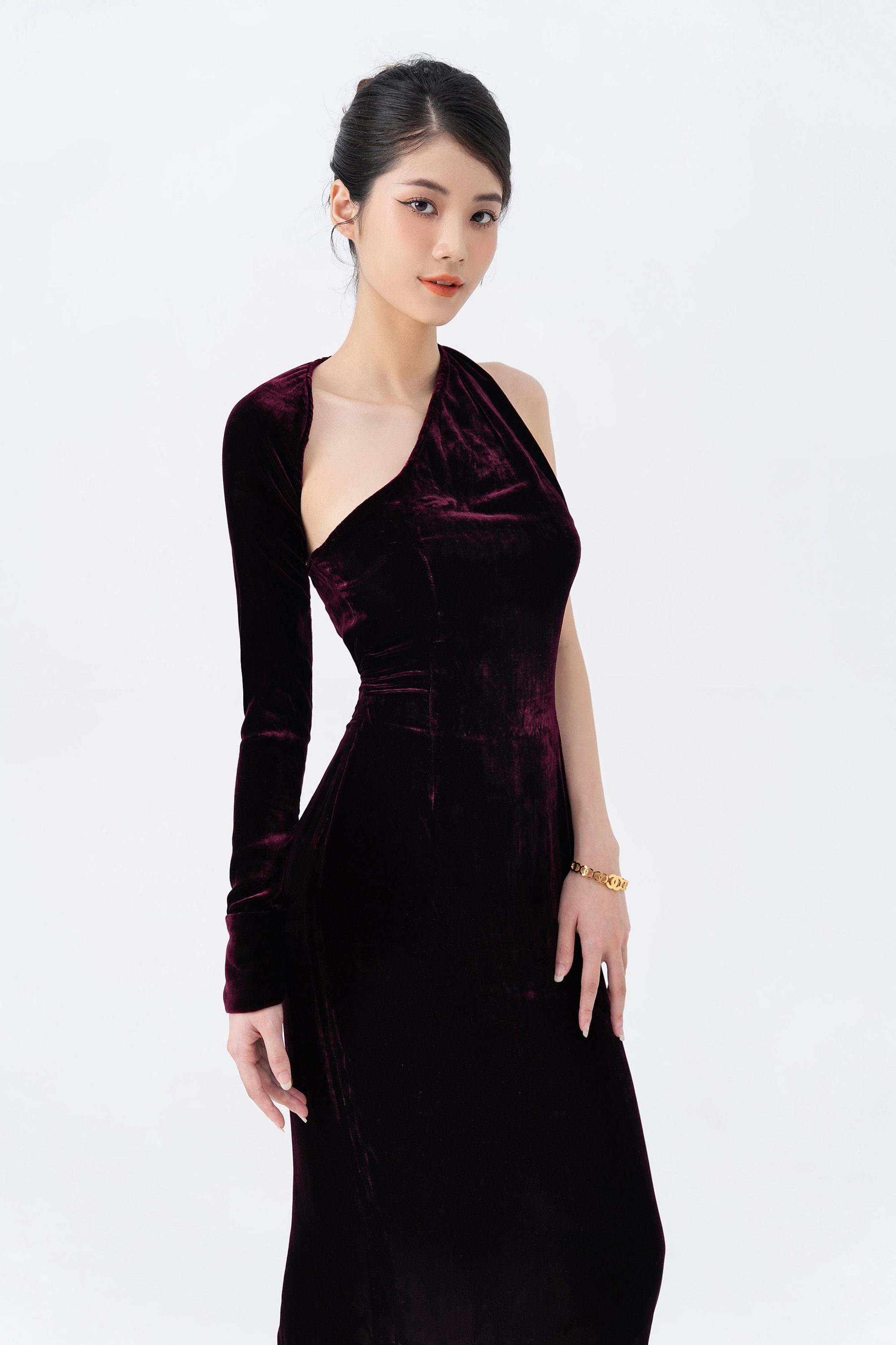 Ready to ship - Mulberry Silk Velvet Long Open Dress , Pure Silk Velvet Backless Dress, Velvet One Shoulder Dress, Asymmetrical One Sleeve