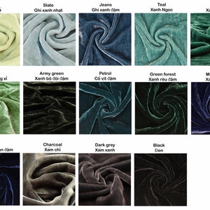Puede incluir: Una tabla de 12 muestras de tela en varios colores, incluyendo menta, pizarra, mezclilla, verde azulado, enebro, helecho, verde militar, petr&oacute;leo, bosque verde, azul medianoche, azul marino, carb&oacute;n, gris oscuro y negro. Cada muestra est&aacute; etiquetada con su nombre de color en ingl&eacute;s y vietnamita.