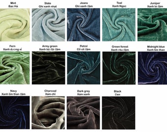 May include: A chart of 12 fabric swatches in various colors, including mint, slate, jeans, teal, juniper, fern, army green, petrol, green forest, midnight blue, navy, charcoal, dark grey, and black. Each swatch is labeled with its color name in both English and Vietnamese.