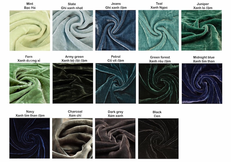 Puede incluir: Una tabla de 12 muestras de tela en varios colores, incluyendo menta, pizarra, mezclilla, verde azulado, enebro, helecho, verde militar, petr&oacute;leo, bosque verde, azul medianoche, azul marino, carb&oacute;n, gris oscuro y negro. Cada muestra est&aacute; etiquetada con su nombre de color en ingl&eacute;s y vietnamita.