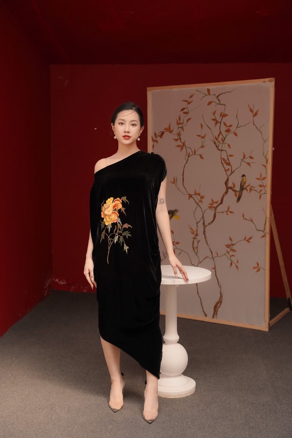 velvet asymmetrical dress Showing Off a Little Navy Velvet Asymmetrical Tulip Midi Dress
