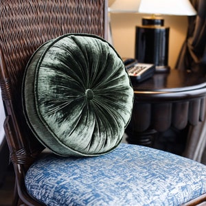 Army green luxury velvet round pillow, silk velvet round pillow, decorative throw pillow cushion, handmade pillow, handmade in Vietnam