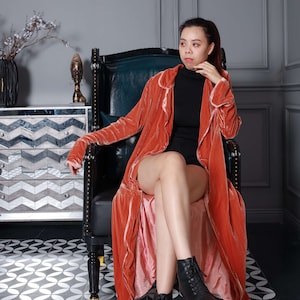 Long Mulberry Silk Velvet Duster, Salmon Long Cardigan Coat with Belts, Velvet Duster Coat - Silk Lining