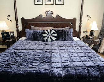 Silk velvet quilts, handmade quilts, Navy, Duvet Throw Blanket Coverlet Bedspread, Handmade in Vietnam