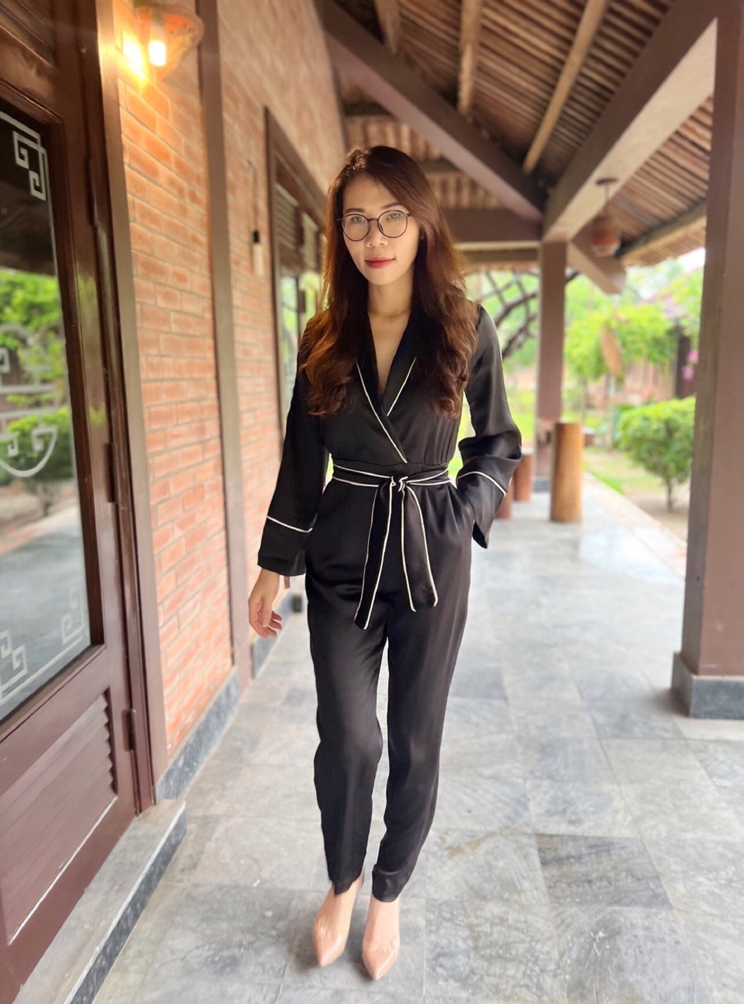 Style Jumpsuit Outerwear Silk Jumpsuit With Belt, V-neck Jumpsuits