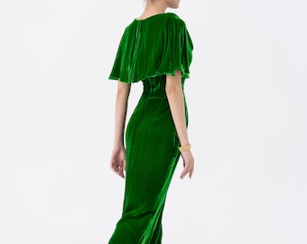 Kelly Green Mulberry Silk Velvet Dress , Luxurious Silk Velvet With Cowl Neck, Long Dress, Cape Dress for Women, Made to Order Dress