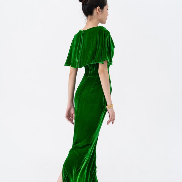 Kelly Green Mulberry Silk Velvet Dress , Luxurious Silk Velvet With Cowl Neck, Long Dress, Cape Dress for Women, Made to Order Dress