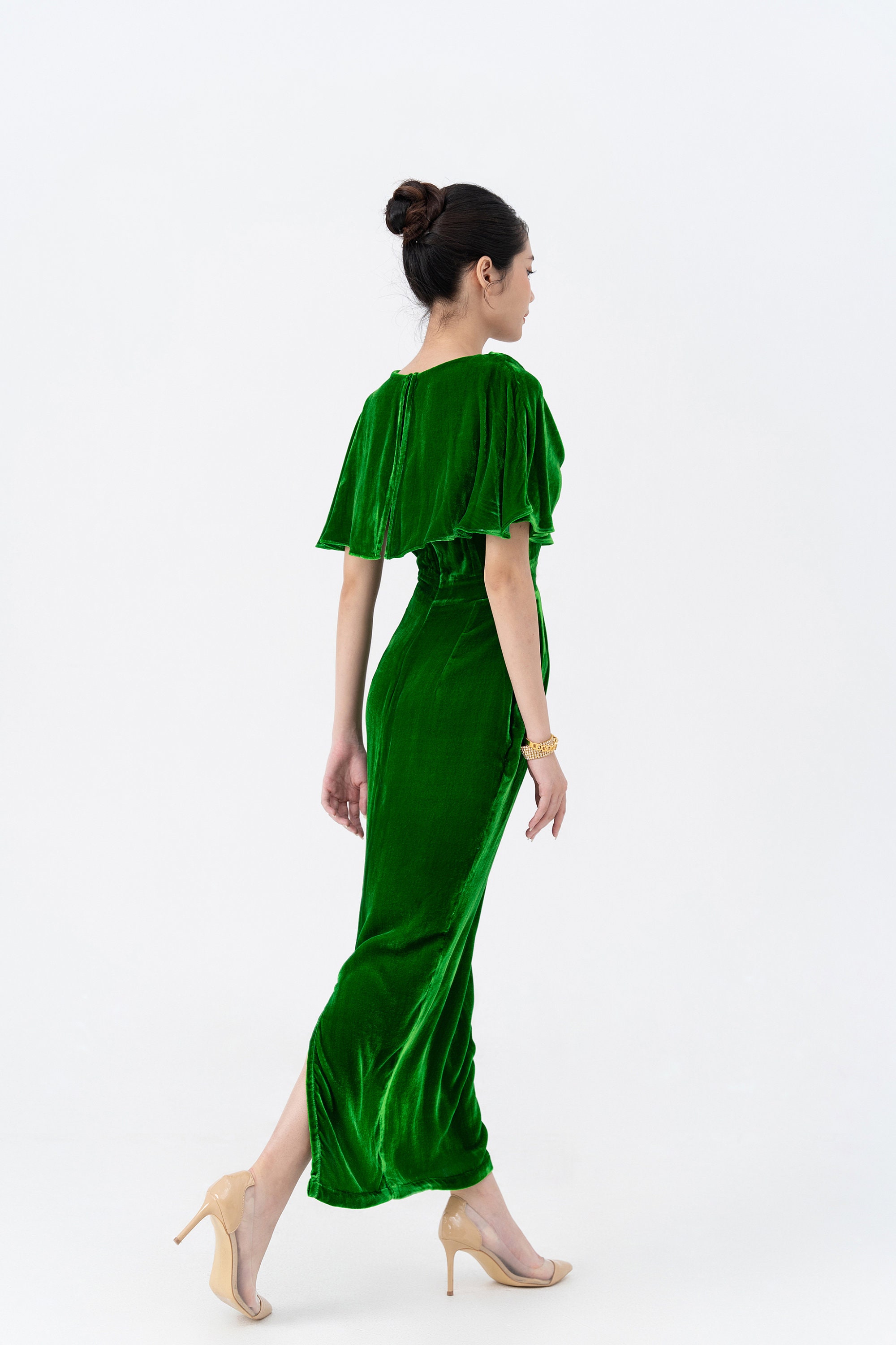 Kelly Green Mulberry Silk Velvet Dress, Luxurious With Cowl Neck, Long Dress, Cape For Women, Made To Order