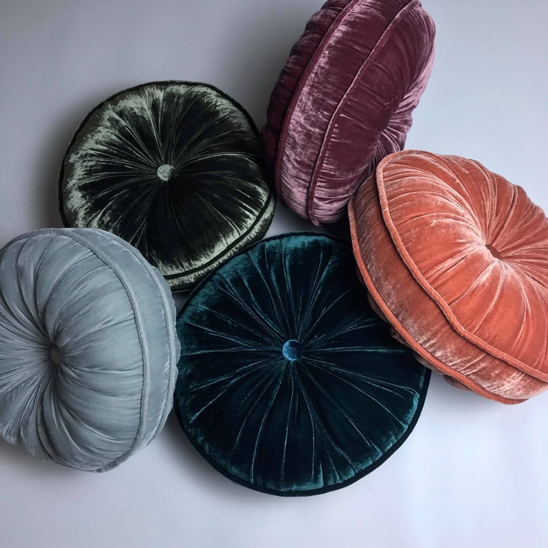 Slate blue luxury velvet round pillow, silk velvet round pillow, decorative throw pillow cushion, handmade pillow, handmade in Vietnam image 7