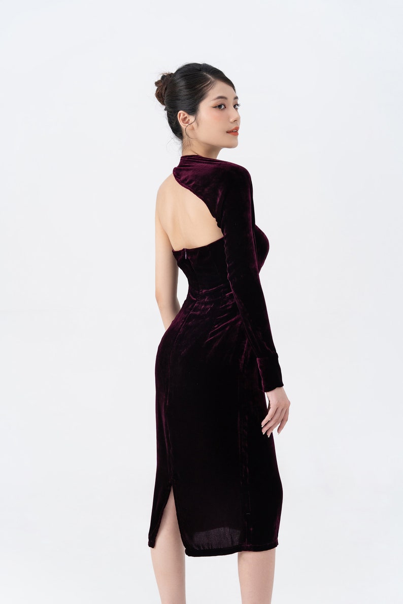 Ready to ship Mulberry Silk Velvet Long Open Dress , Pure Silk Velvet Backless Dress, Velvet One Shoulder Dress, Asymmetrical One Sleeve image 4