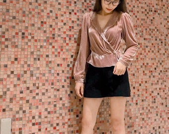 Silk Velvet Wrap Top Women - Long Sleeve Blouse - Silk Velvet Blouse Women - Velvet Top Women