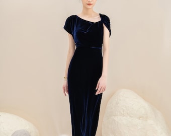 Ready to ship - Navy Mulberry Silk Velvet Dress , Luxurious Silk Velvet Twist Shoulder, Long Dress, Made to Order Dress