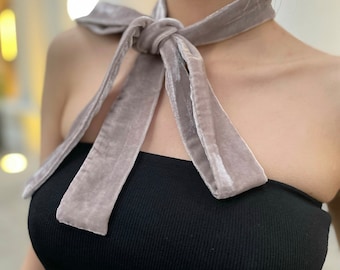 Long Silk velvet skinny scarf - beige