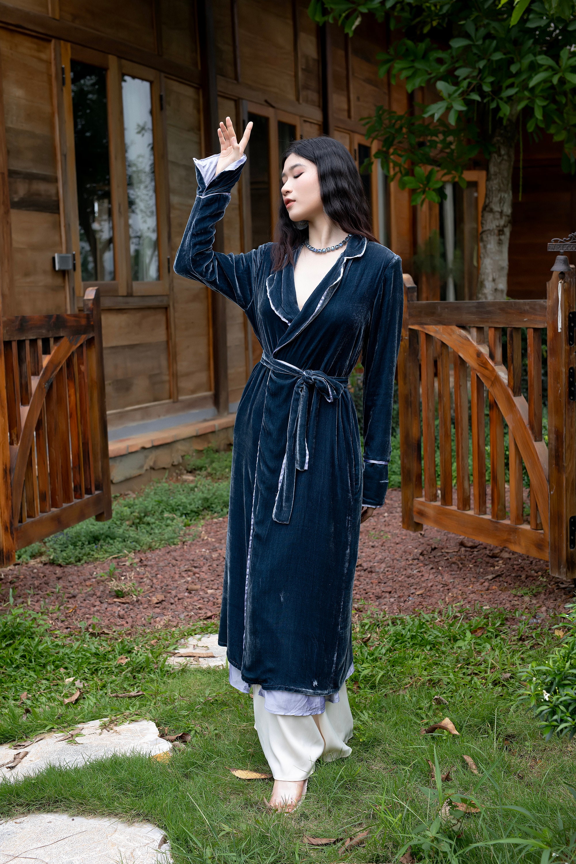 blue velvet duster coat