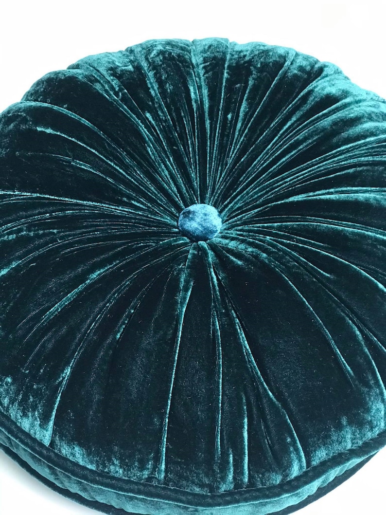 Petrol blue luxury velvet round pillow, silk velvet round pillow, decorative throw pillow cushion, handmade pillow, handmade in Vietnam image 4