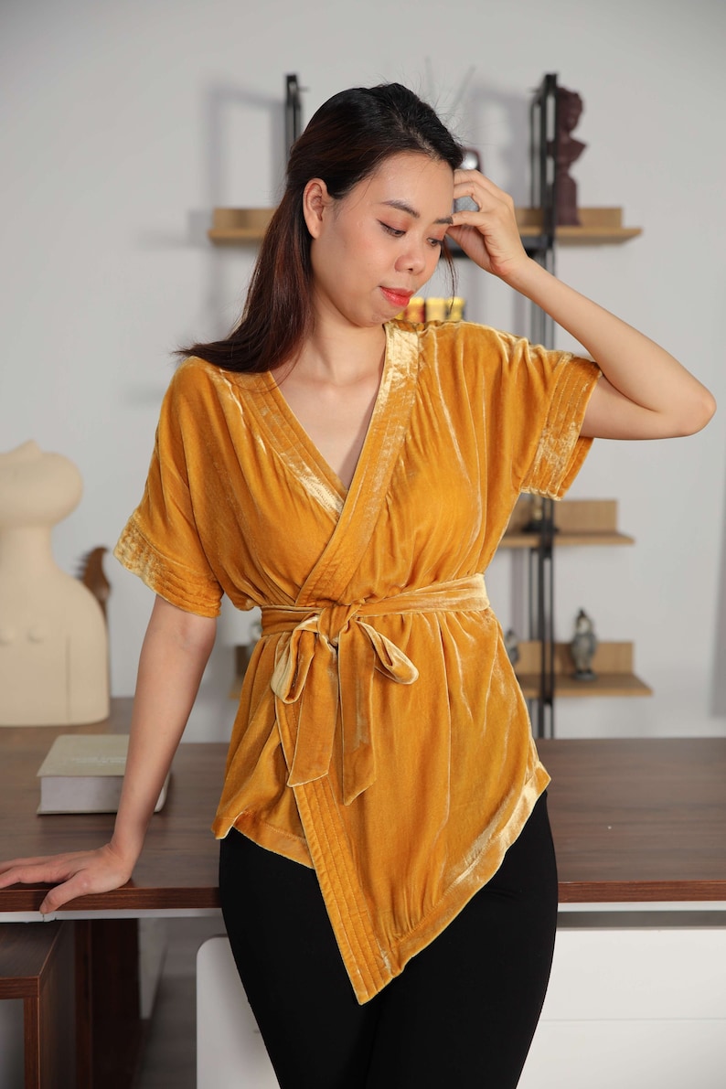 1920s Shawls, Wraps, Scarves, Fur Stoles     Silk Velvet Wrap Top Women - Medallion Yellow Short Sleeve Blouse - Silk Velvet Blouse Women - Velvet Top Women  AT vintagedancer.com