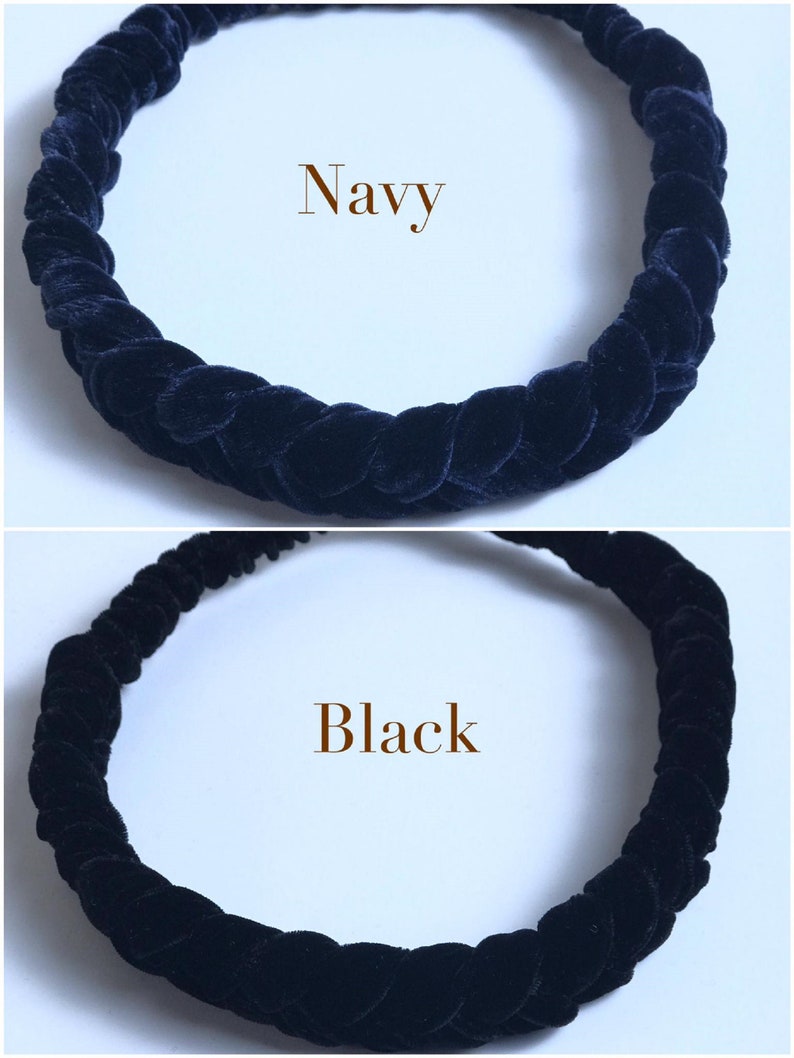 May include: Two braided velvet headbands, one navy blue and one black.
