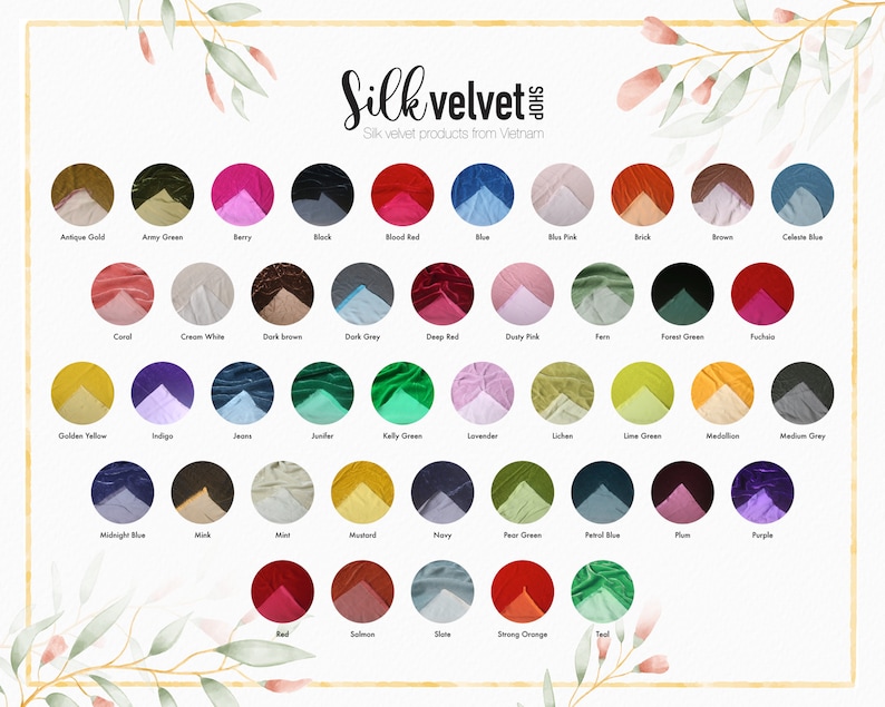 May include: A color chart of 40 different silk velvet fabric swatches. The swatches are arranged in four rows of ten. Each swatch is labeled with its color name.