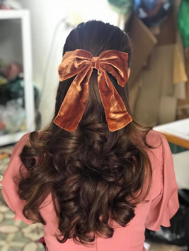 May include: A large, brown velvet bow tied in the hair of a person with long, brown, curly hair.