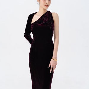 Ready to ship Mulberry Silk Velvet Long Open Dress , Pure Silk Velvet Backless Dress, Velvet One Shoulder Dress, Asymmetrical One Sleeve image 3