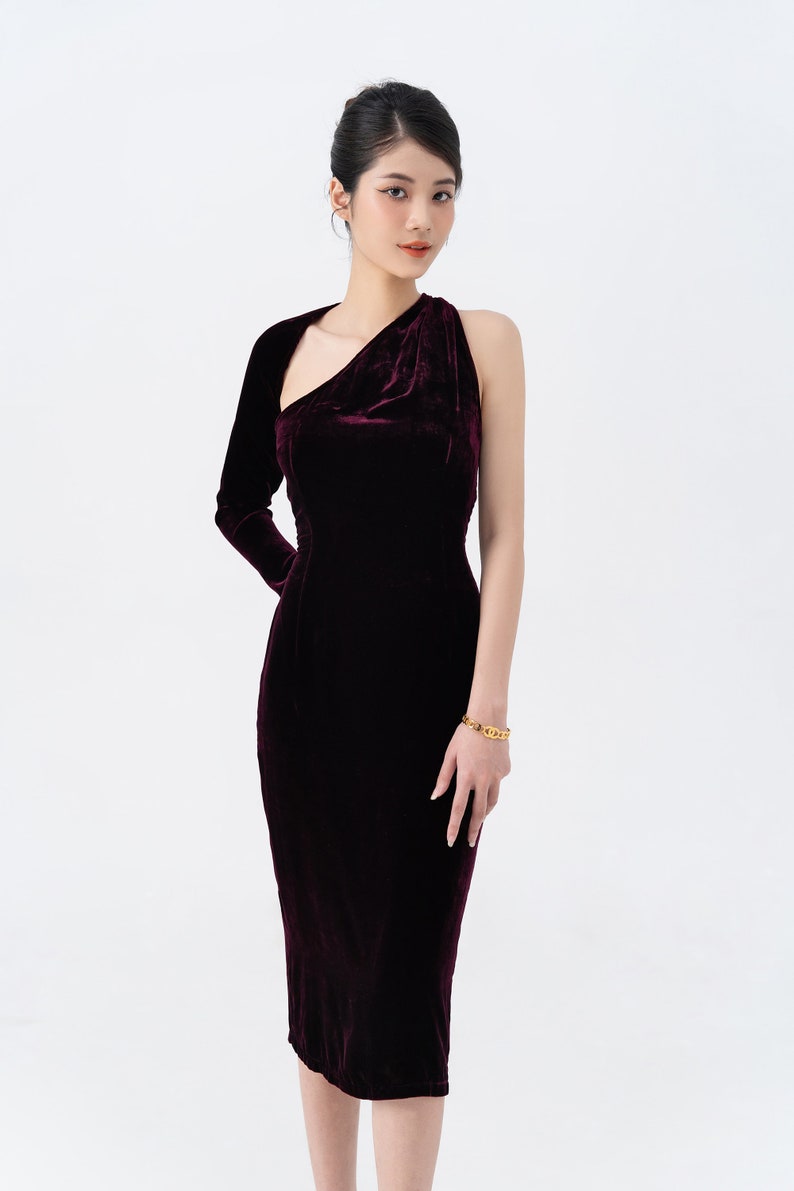 Ready to ship Mulberry Silk Velvet Long Open Dress , Pure Silk Velvet Backless Dress, Velvet One Shoulder Dress, Asymmetrical One Sleeve image 3