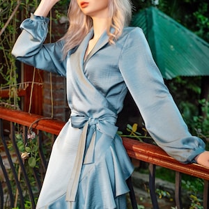 Long Silk Dress - V Neck Wrap Dress - Women Silk Wrap Dress - Elegant Wrap Dress Long Sleeve