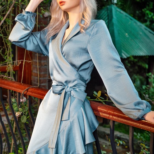 Long Silk Dress - V Neck Wrap Dress - Women Silk Wrap Dress - Elegant Wrap Dress Long Sleeve