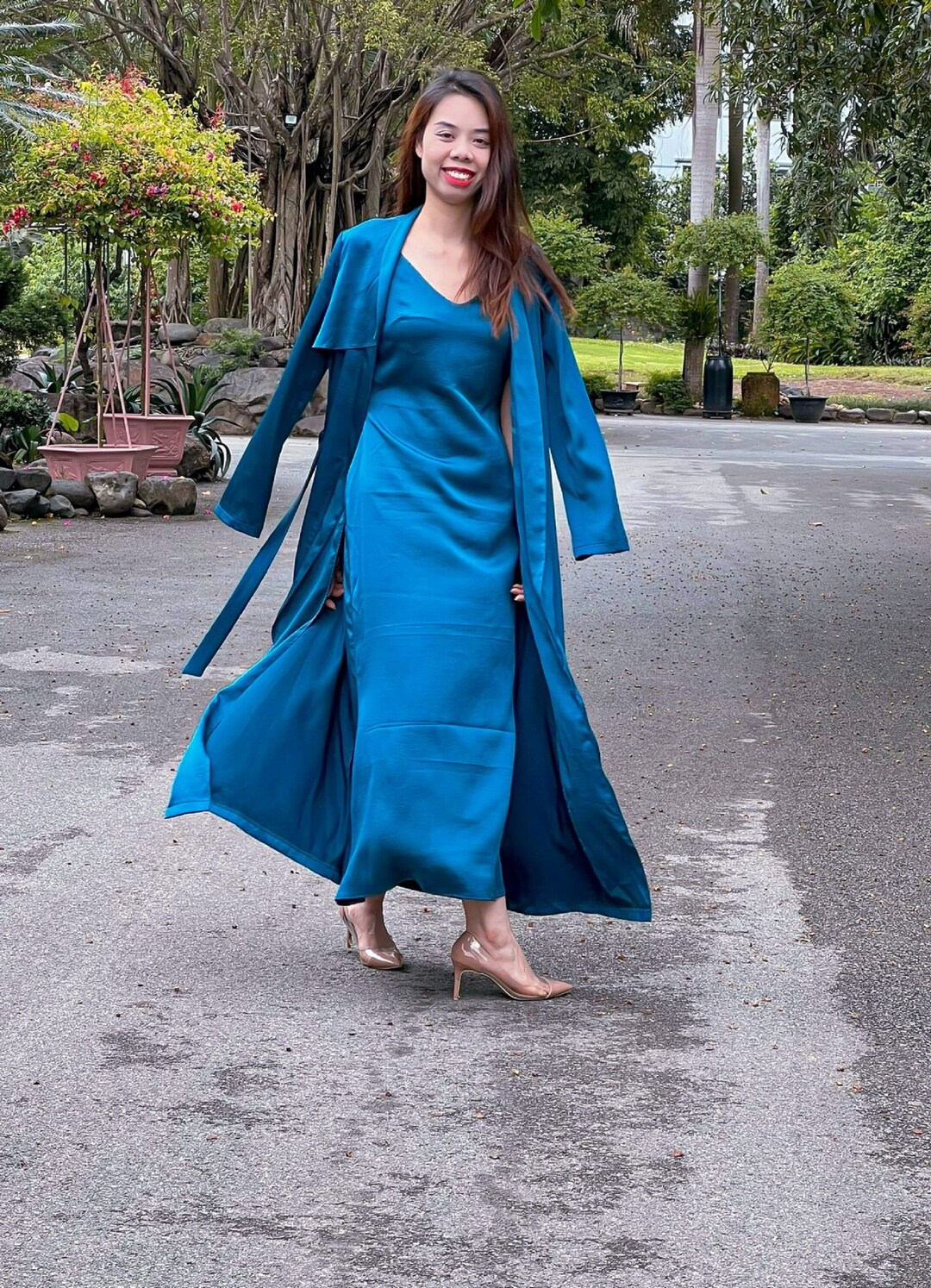 Long Silk Duster Coat and Dress Set, Party Silk Set, Long Sleeve Silk