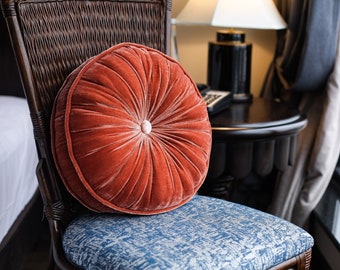 Round Silk Velvet Pillow – Handmade Salmon Velvet Cushion, Soft Decorative Throw Pillow for Sofa, Bed, or Lounge Chair